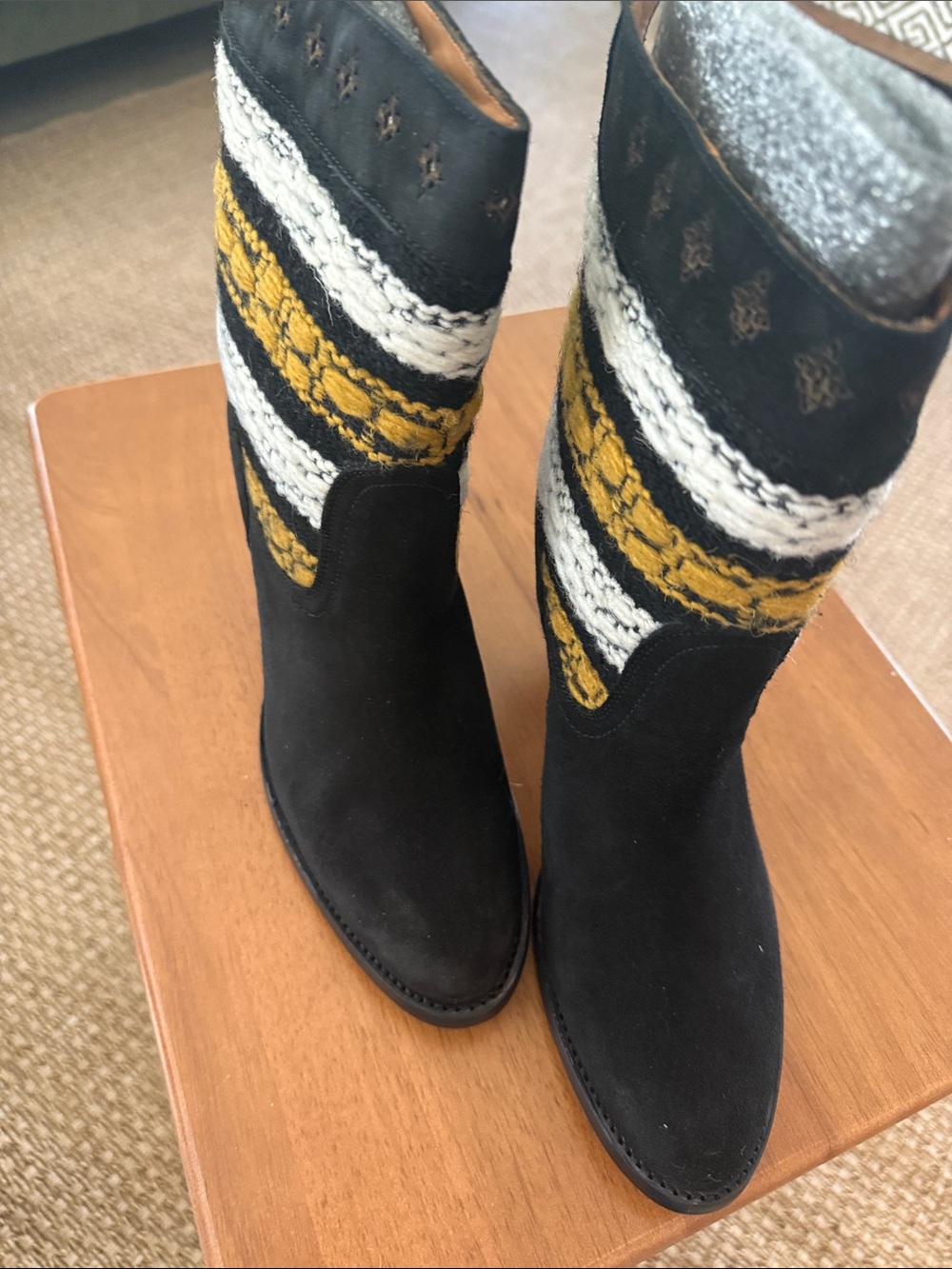 Cobra Society Black Suede Ankle Booties with White &  yellow Knit Shaft
